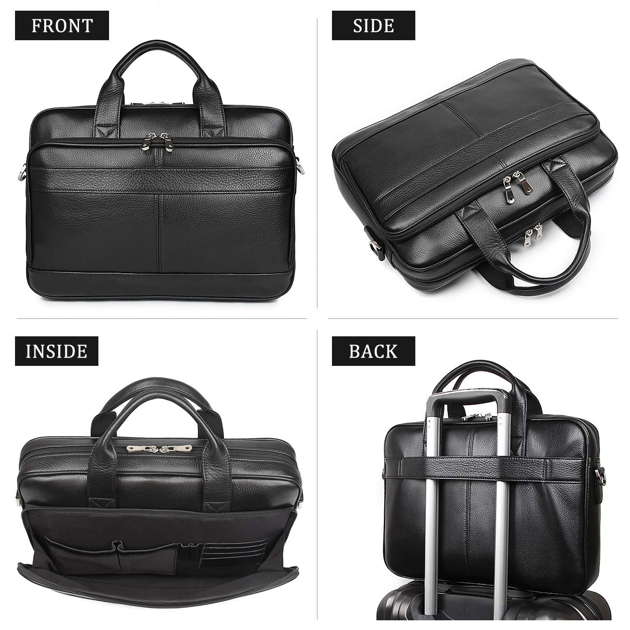 Augus Genuine Leather Messenger Bag for Men Vintage Travel Backpack 14 inch laptop Briefcase Shoulder Bags Black With YKK Metal Zipper