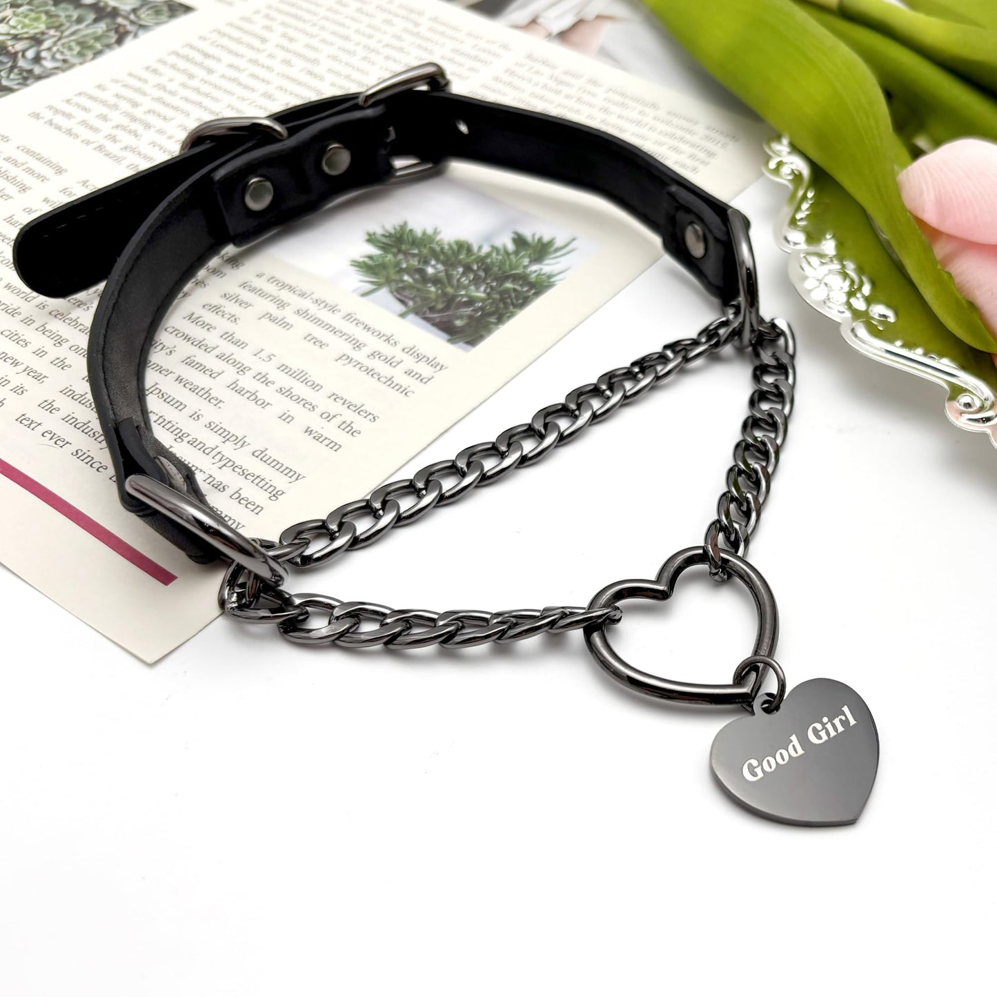 paloli Leather Slip Chain Choker – Adjustable PU Vegan Collar With Heart Ring & Cuban Chain, Letter Heart Pendant Necklace for Women