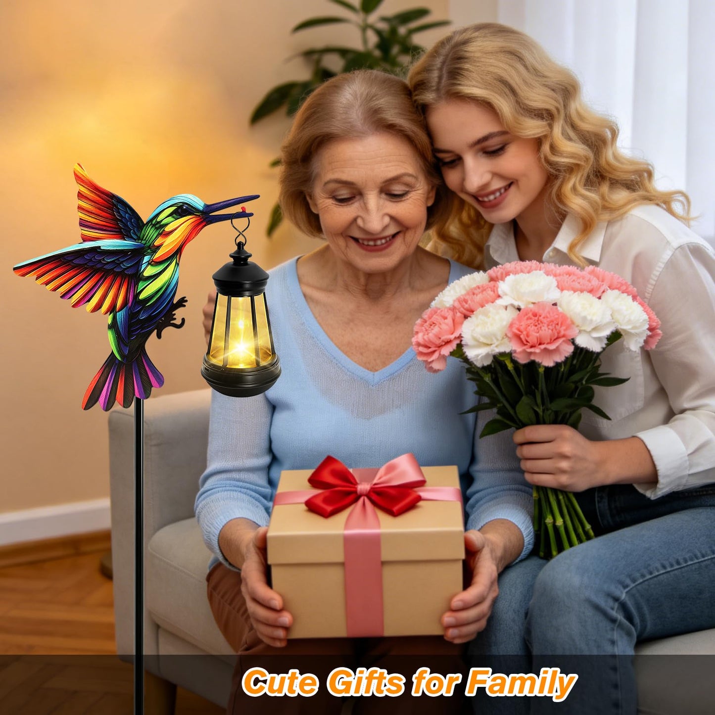 ANGMLN Hummingbird Solar Lights Outdoor, Hanging Lantern Waterproof, Birthday Gifts for Women Mom Mother's Day, Metal Garden Statue Yard Decor Patio Pathway Backyard Lawn Ornaments