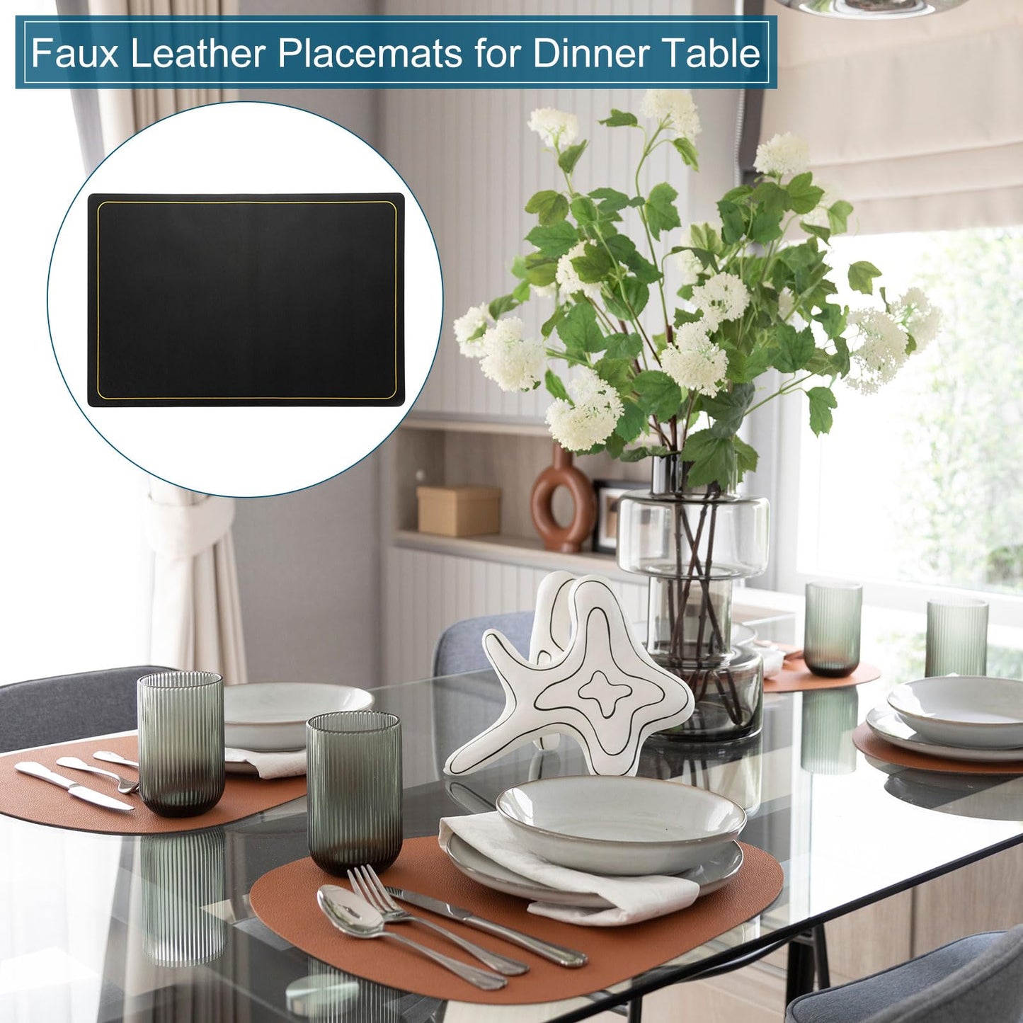 uxcell 4 Pcs Faux Leather Placemats, Black Gold Line, Heat Resistant, Waterproof, Oil Proof, Rectangle Table Mats (18 x 12 inches)