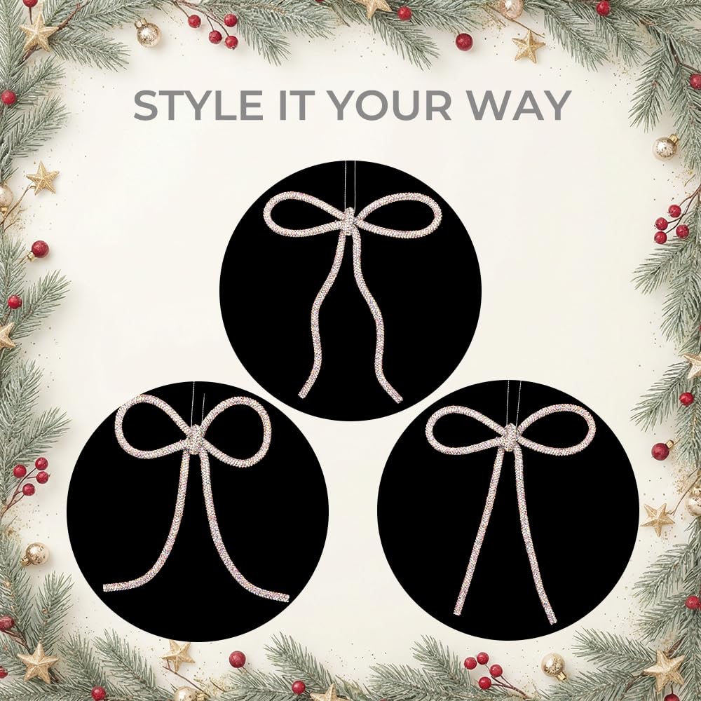XMIAOX 3 Pcs Handmade Rhinestone Bow Christmas Ornaments, Sparkling Shapeable Bows for Holiday Tree, Wreath & Gift Wrapping, Reusable Holiday, Home, Party Décor (Iridescent, Small)