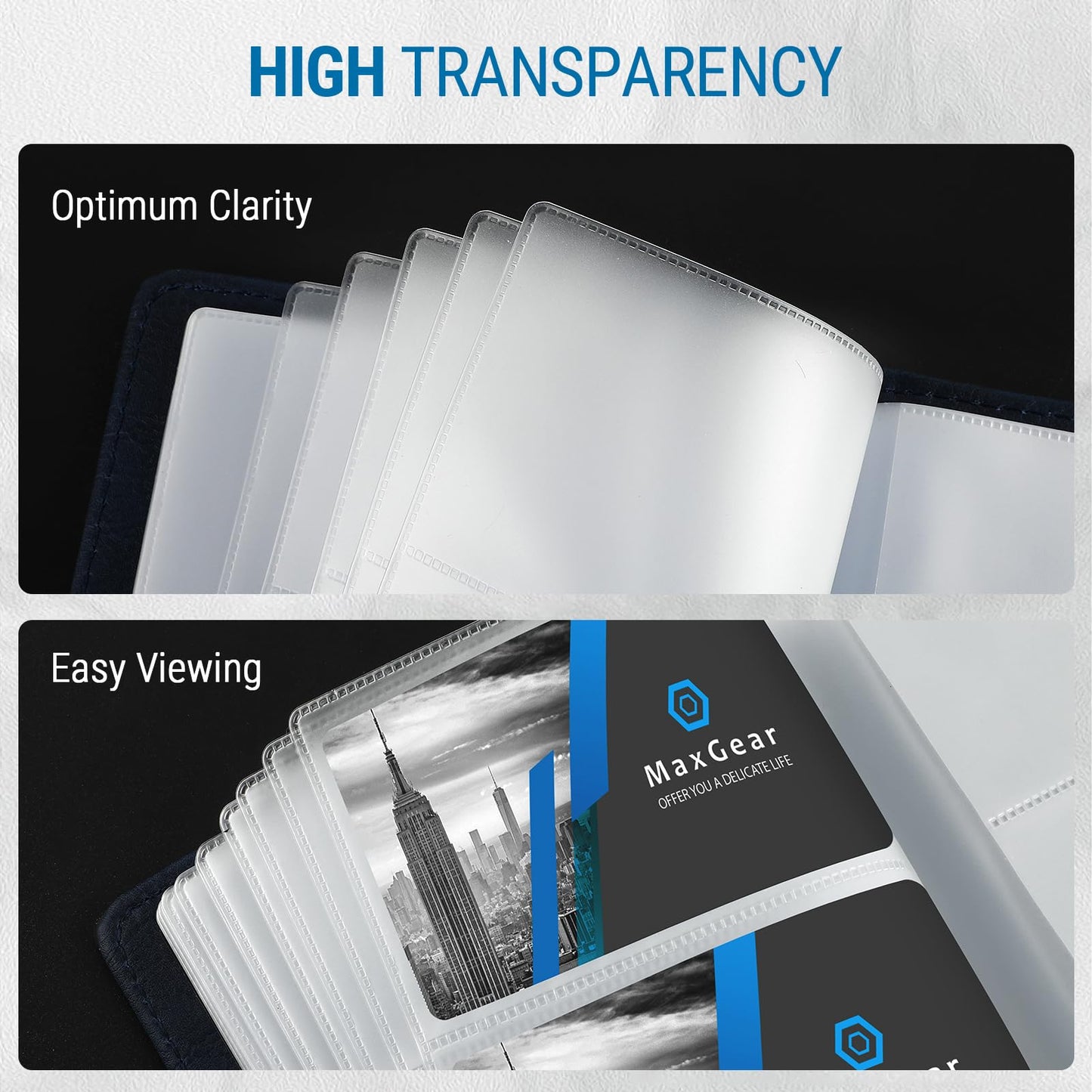 MaxGear Business Card Organizer Book, Holds 240 Cards, Portable PU Leather Business Card Holder with Clear Sleeves, Professional Card Binder for Office, Meetings, Networking, Blue