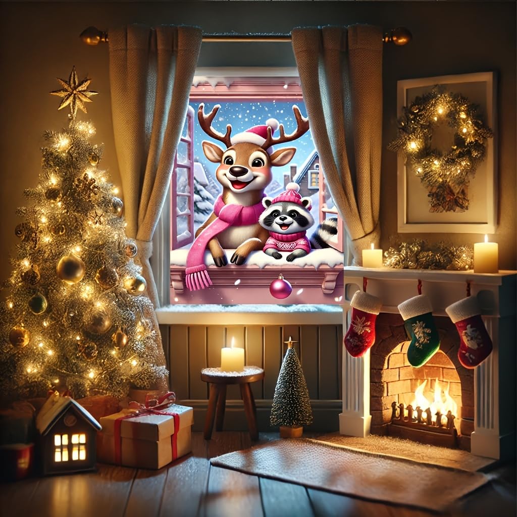 Tomhong Christmas Reindeer and Raccoon Window Banner 31x47 Inch Snowy Scene Holiday Decoration for Indoor Outdoor Home Wall or Window Display Cozy Christmas Decor