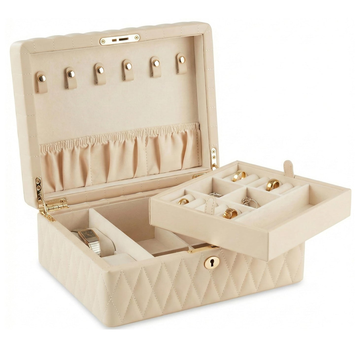 Bey-Berk Diamond-Quilted Leather Travel Jewelry Box, Cream, Locking Organizer with Necklace Hooks, Ring Rows and Watch Compartment