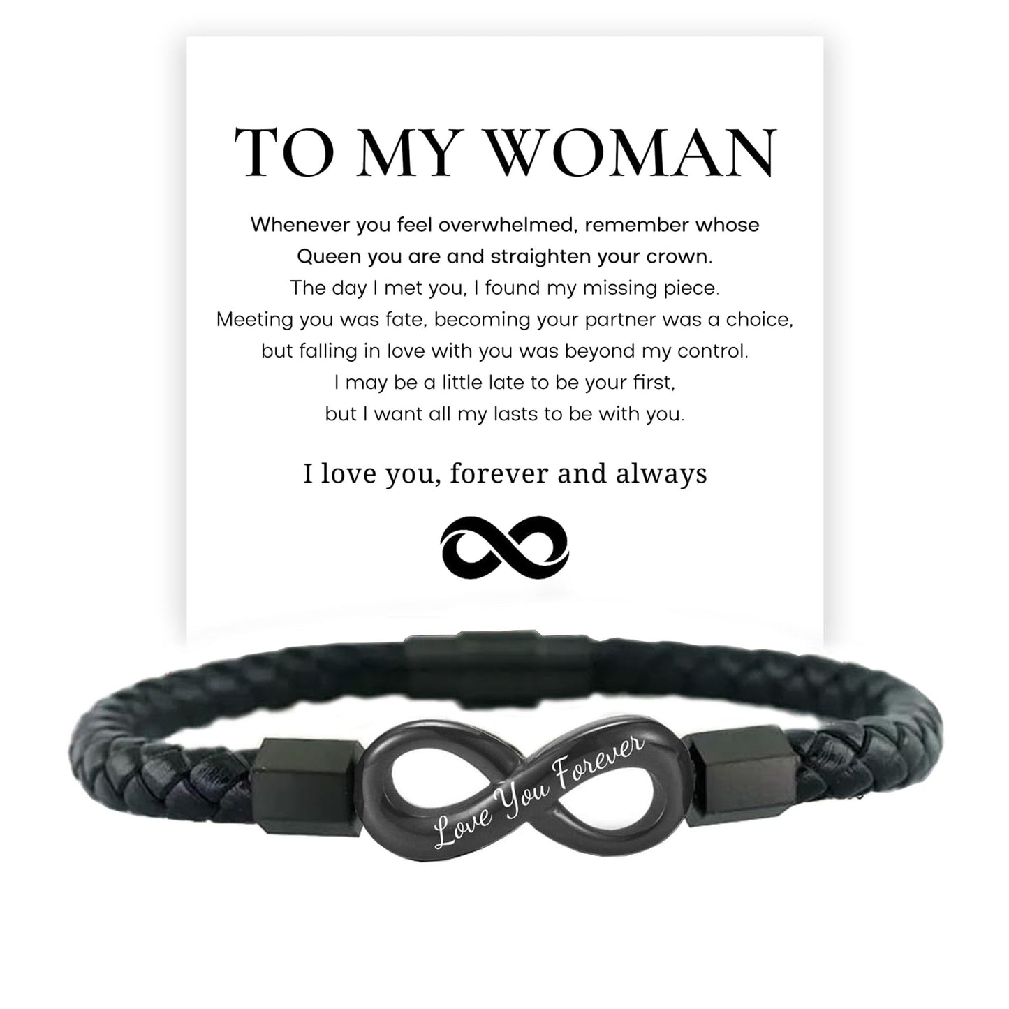 To My Wife, Feel My Love Infinity Leather Bracelet Love You Forever and Always Stainless Steel Bracelets Wife Bracelet from Husband Valentine Birthday Christmas Mother's Day Jewelry for Her(Infinite Black)