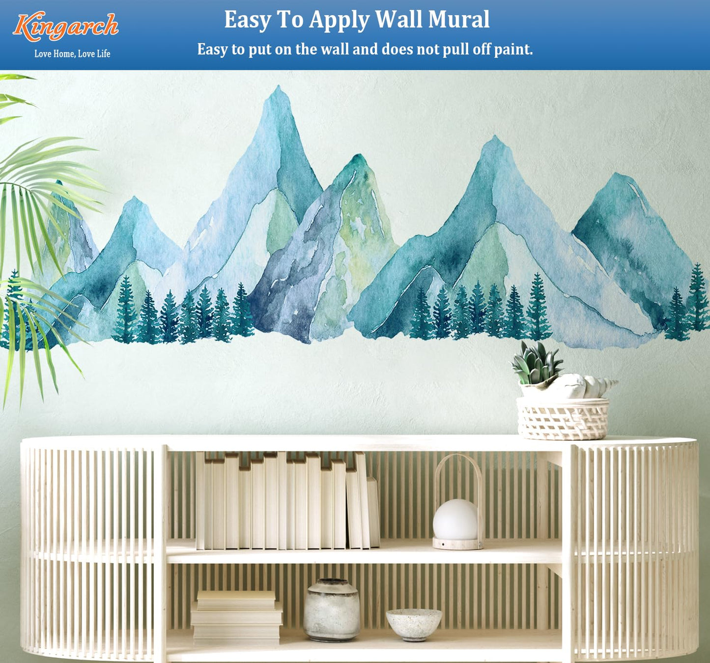 Large Mountain Wall Decals, Blue Pine Tree Peel and Stick Vinyl Wall Stickers & Murals, Removable Home Room Wall Decor for Bedroom Living Room Bedroom Classroom Office Nursery