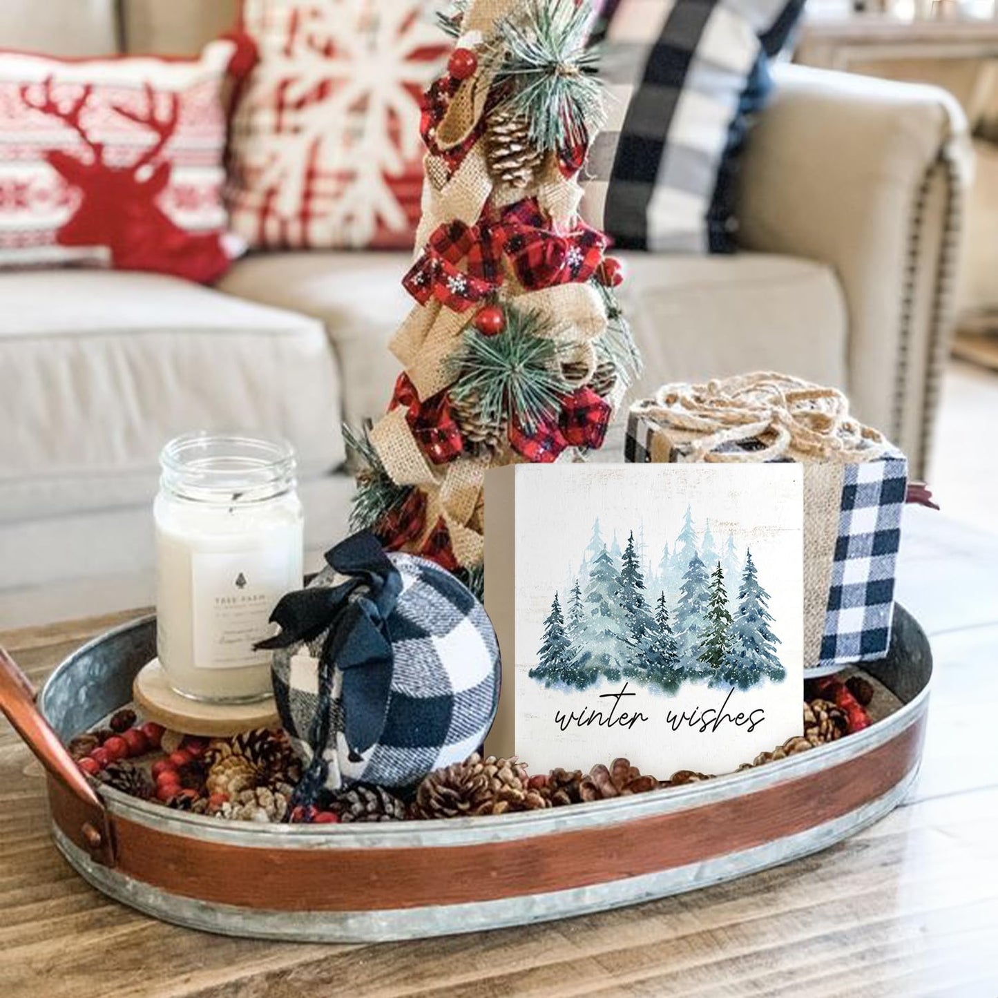 MTRGDN Winter Tree Decor - Christmas Sign and Christmas Decoration - Rustic Wood Block Plaque for Home