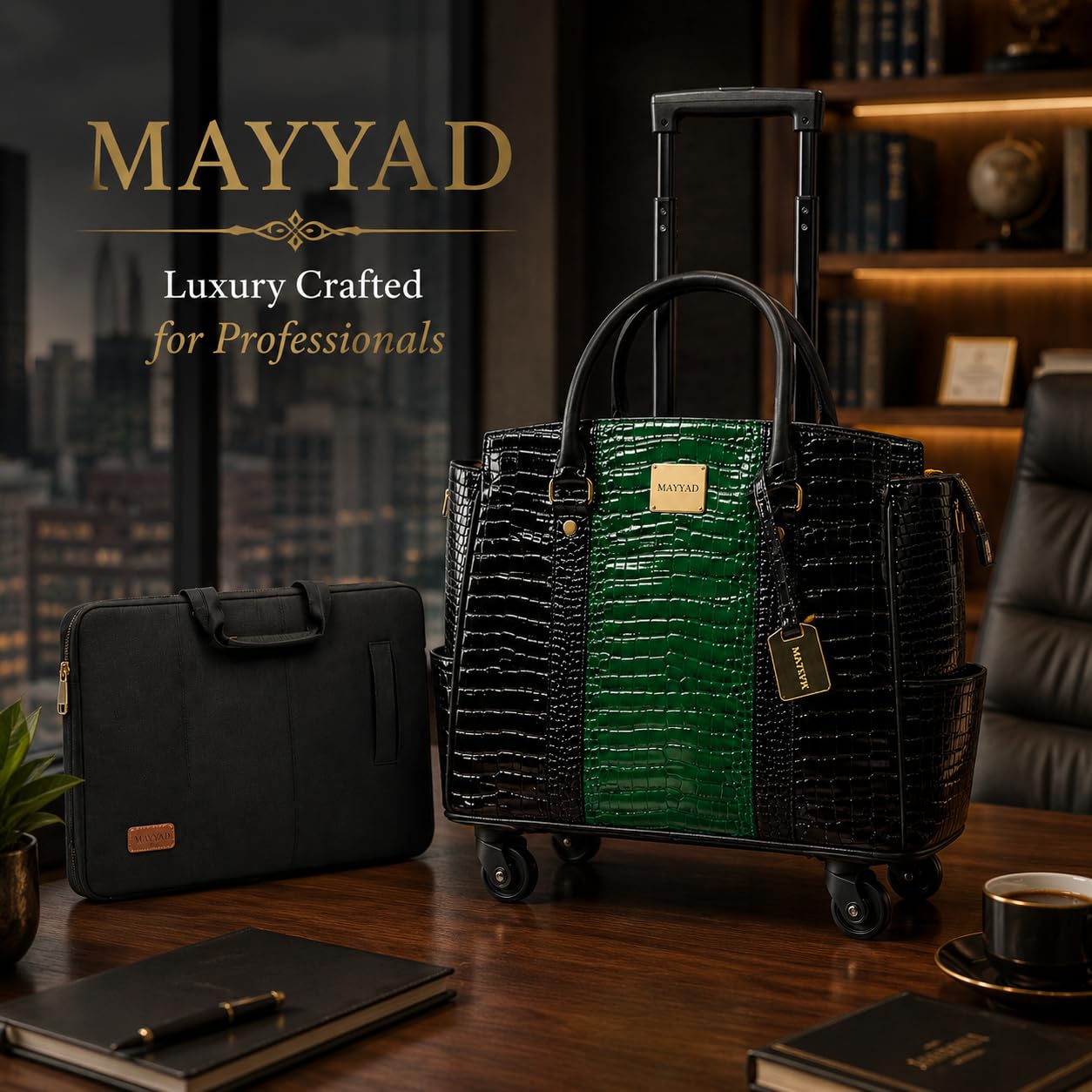 MAYYAD Emerald Green and Black Rolling Laptop Bag for Women – Premium Crocodile Embossed PU Leather Business Trolley – Stylish 17.3” Laptop Briefcase with Spinner Wheels