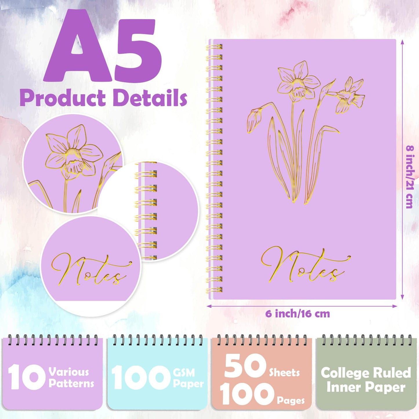 Cholemy 10 Pack Spiral Notebook Aesthetic School Supplies A5 Cute Morandi Pastel Floral Notebook Writing Journals for Student College Ruled Journals 100 Pages/ 50 Sheets for Women Office Gift