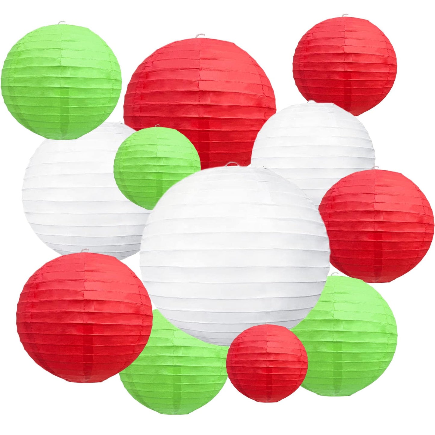 20Pcs Green Red White Paper Lanterns for Parties, 6” 8” 10” 12” Chinese Asian Hanging Round Paper Lanterns for Birthday Wedding Halloween Christmas Home Decor Party Decor
