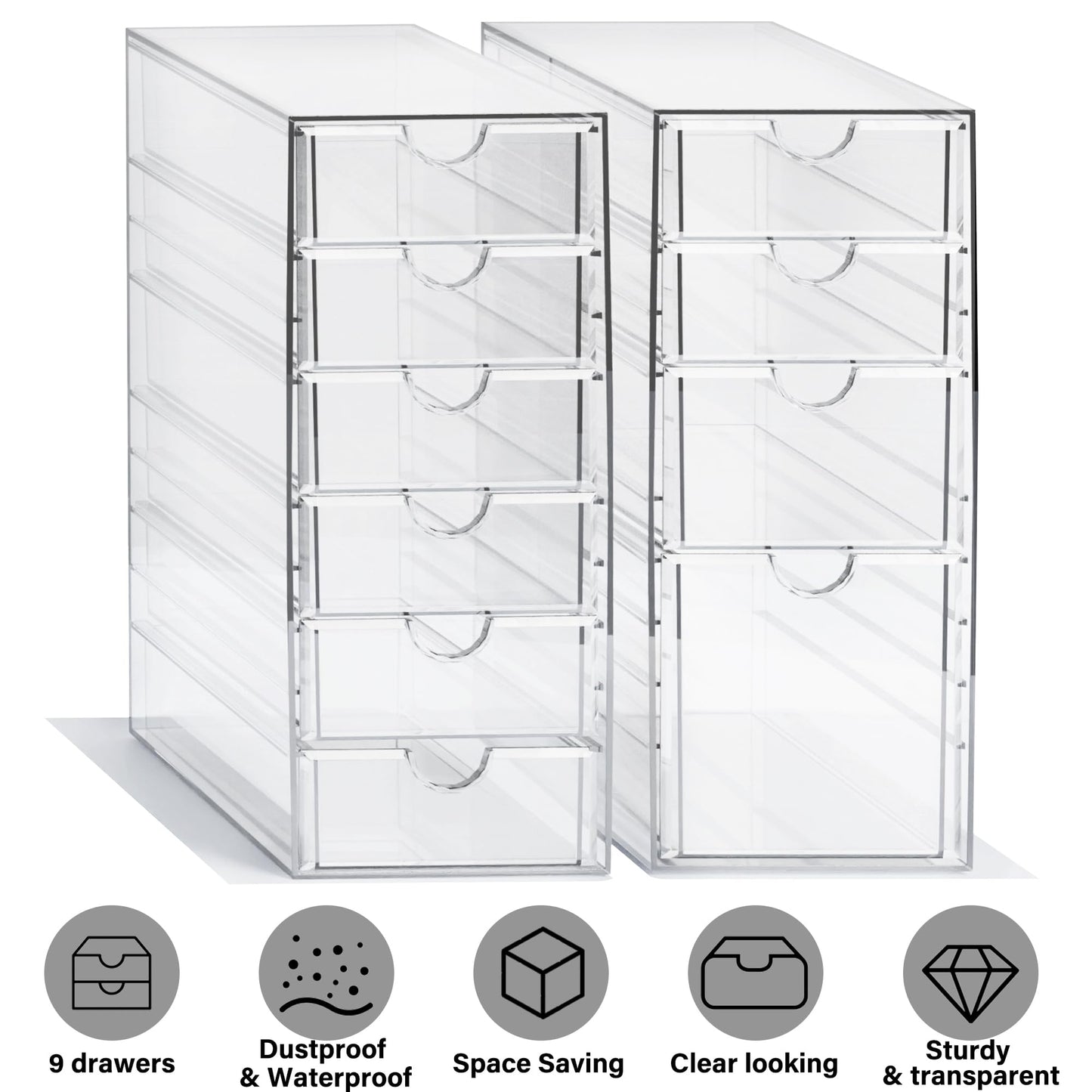 Prsildan Acrylic Drawer Makeup Organizer with 10 Drawers, Set of 2 Office Desk Organizers Accessories, Clear Stackable Storage Drawers for Vanity, Countertop, Craft, Jewelry, Art Supply Organization
