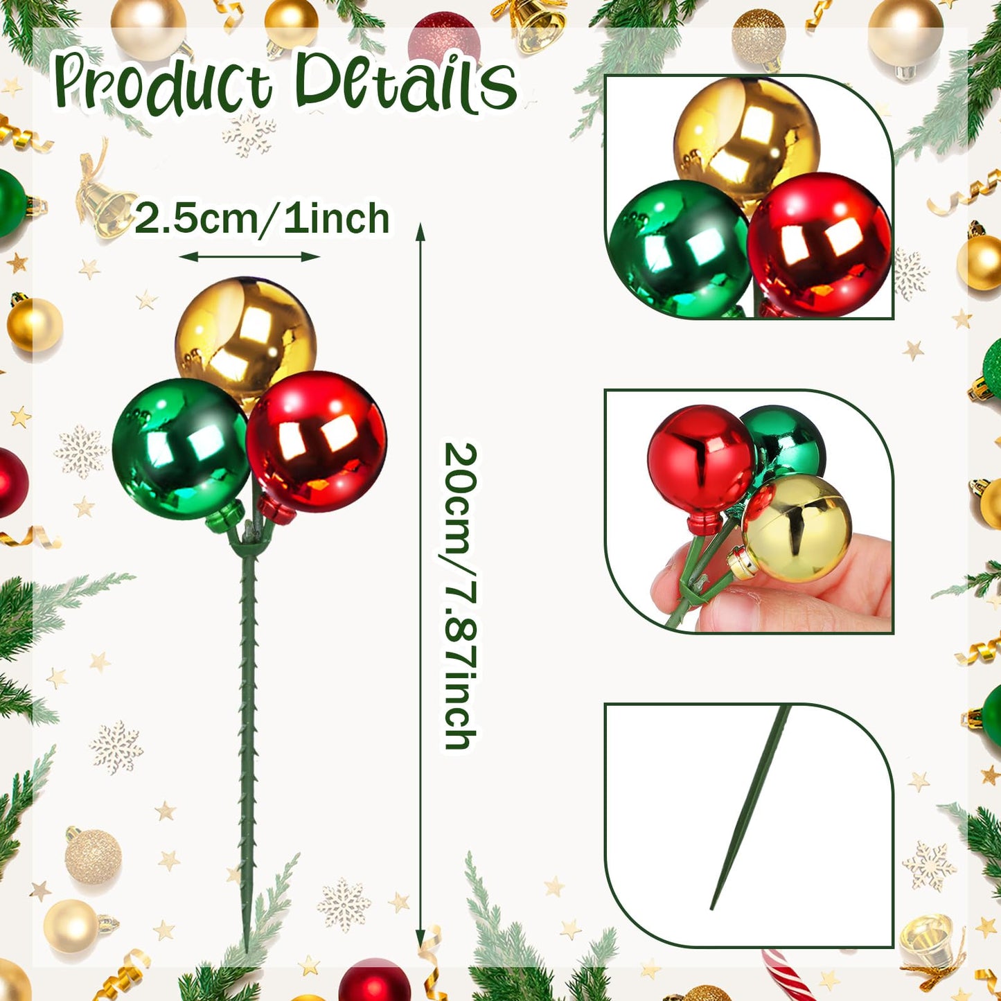 Syhood 12 Set 7.9 Inch Christmas Ball Picks and Sprays Shatterproof Xmas Red Green Gold Ball Ornaments on Wired Picks for Christmas Tree Vase Wreath Stairs Garland Decoration Supplies