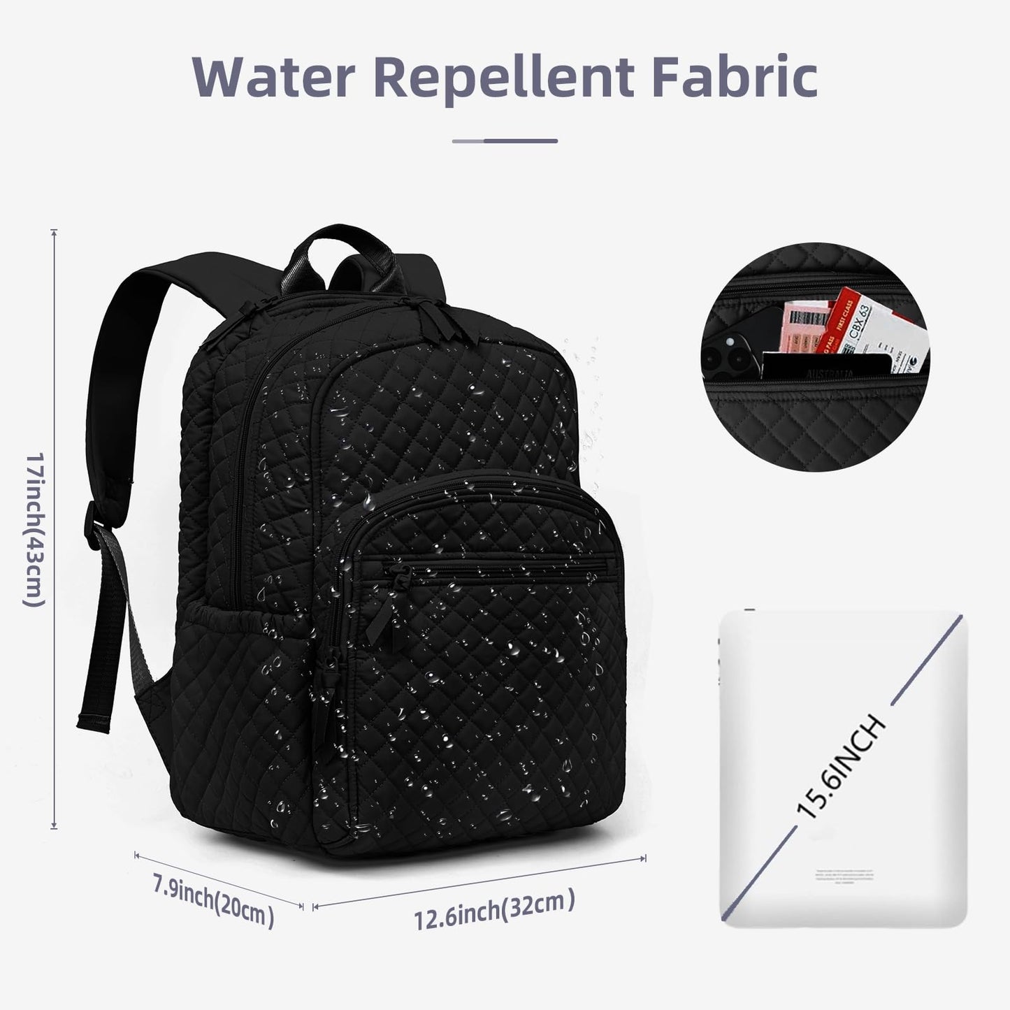 RosaRubus Backpack for Women,College Backpack,Quilted Casual Daypack,Waterproof Bookbag for 15.6Inch Laptop (Black)