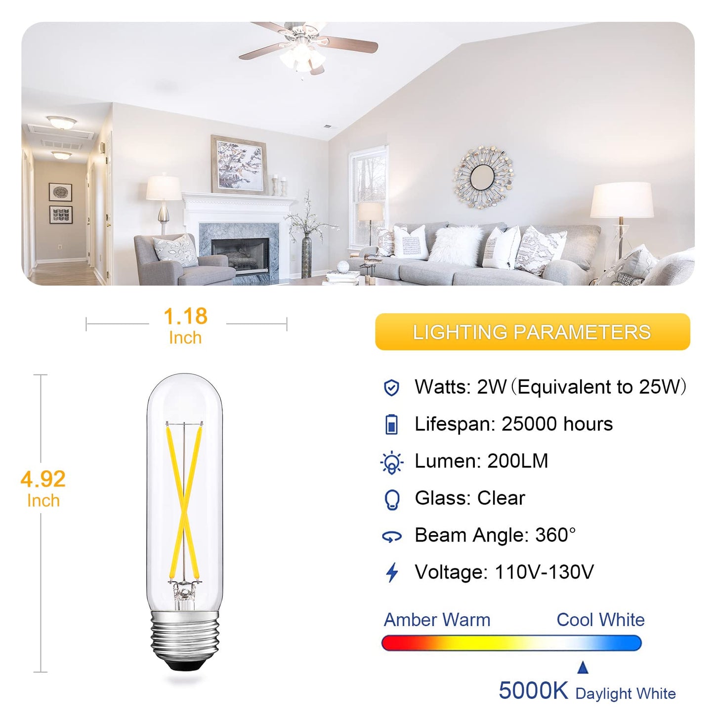 T10 Led Bulb, Dimmable 2W Tubular Chandelier Bulb, 25Watt Equivalent Ceramic Christmas Tree Bulbs, 5000K Daylight, Clear Glass, Antique E26 Light Bulbs for Pendant Desk Cabinet Display Lamp, 3 Pack