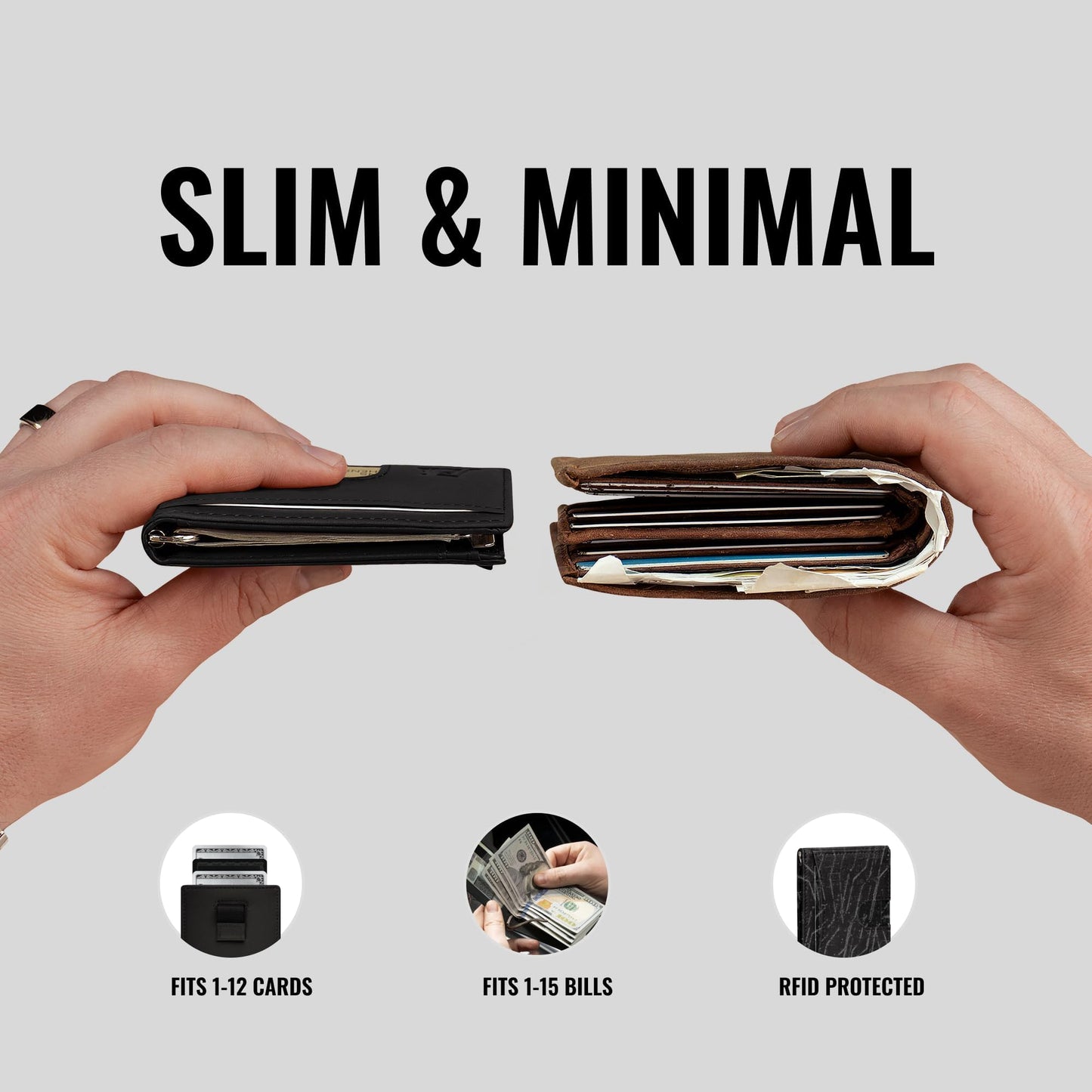 Kings Loot Money Clip Slim Minimalist Wallet for Men – RFID Blocking Leather Design with Money Clip – Front Pocket Bifold Holds 12 Cards – Stylish & Compact Wallets (Black)