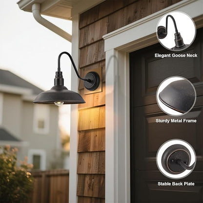 Gooseneck Outdoor Light Fixture, 10" Dome Exterior Farmhouse Lights for Barn, Bronze Porch Lighting, Gooseneck Wall Sconce for Patio Garage House