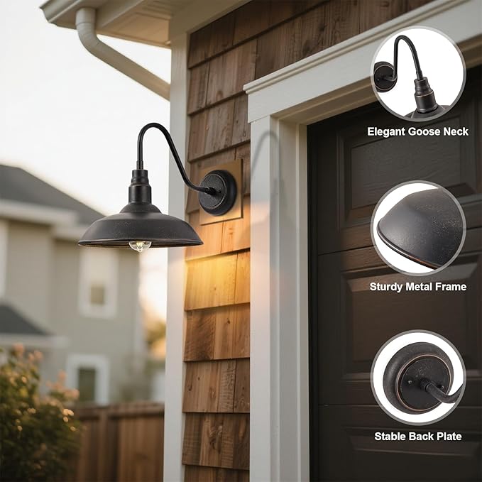 10in Dome Gooseneck Outdoor Light Fixture Bronze Exterior Barn Porch Door Light Fixture with Wall Mount 2 Pack Farmhouse Outside Garage Barn Wall Sconce Light for Balcony, House, Patio
