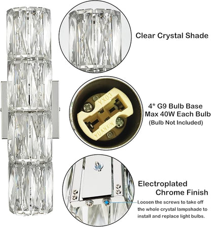 SAMTEEN Chrome Crystal Wall Sconce Modern 4-Light Crystal Sconces Wall Lighting Tube Shape Glass Wall Light Fixture for Bedroom Living Room Hallway Kitchen Bathroom Vanity Light