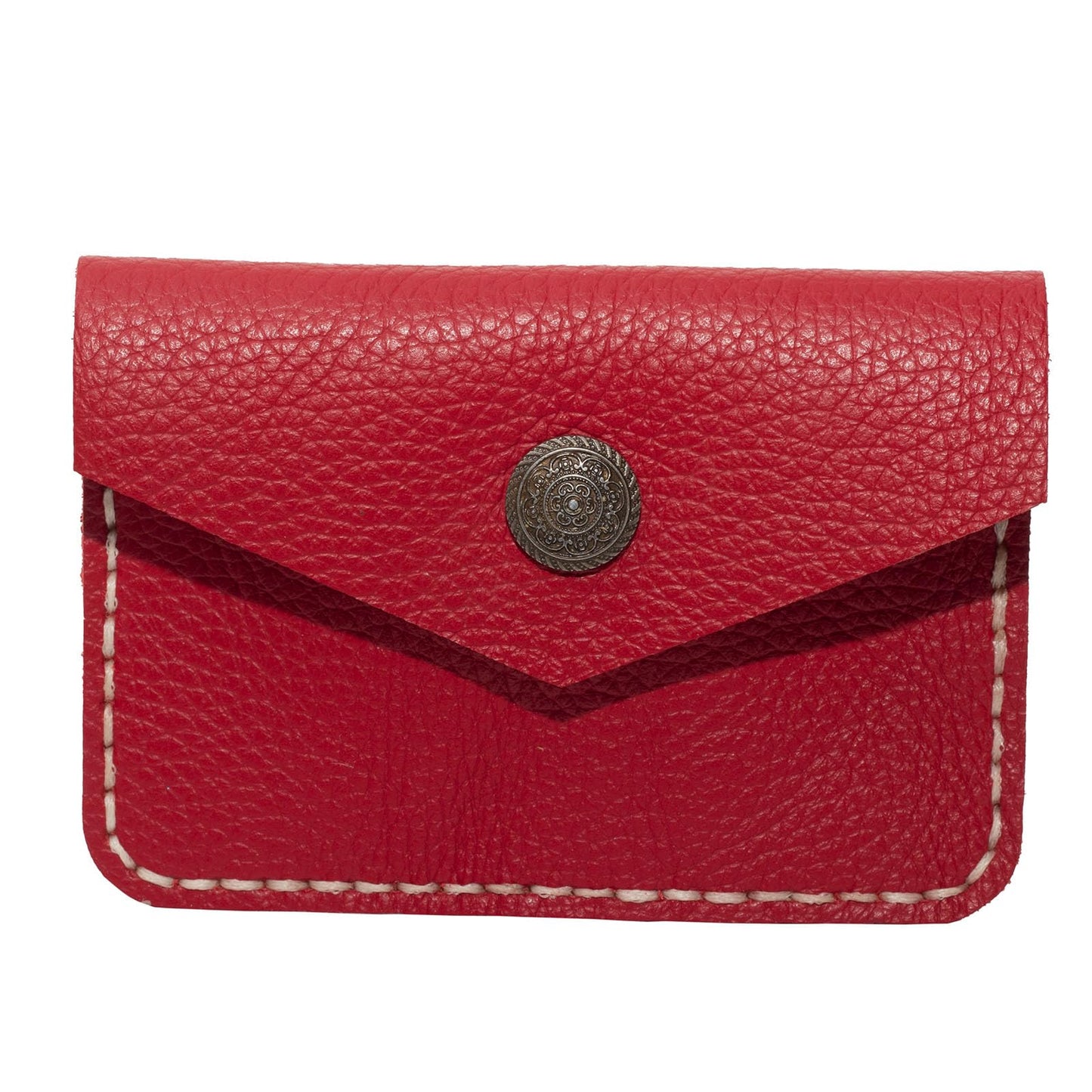 Guild Accessories Handstitched Red Leather Card case Wallet - Artisan Crafted Envelope Card Holder with Antique Brass Snap, Full-Grain Leather Slim Pocket Organizer (Red)