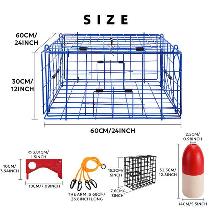 A1FISHER 2 Packs Pacific Folding Crab Trap 24''x24''x12'' Kit, with Crab Bait Cage, Gauge Measure, Trap Harness, 5/16" Dia-100’ Leaded Core Rope with 12.8’’x5.5’’ Red/White Float Buoy for Dungeness