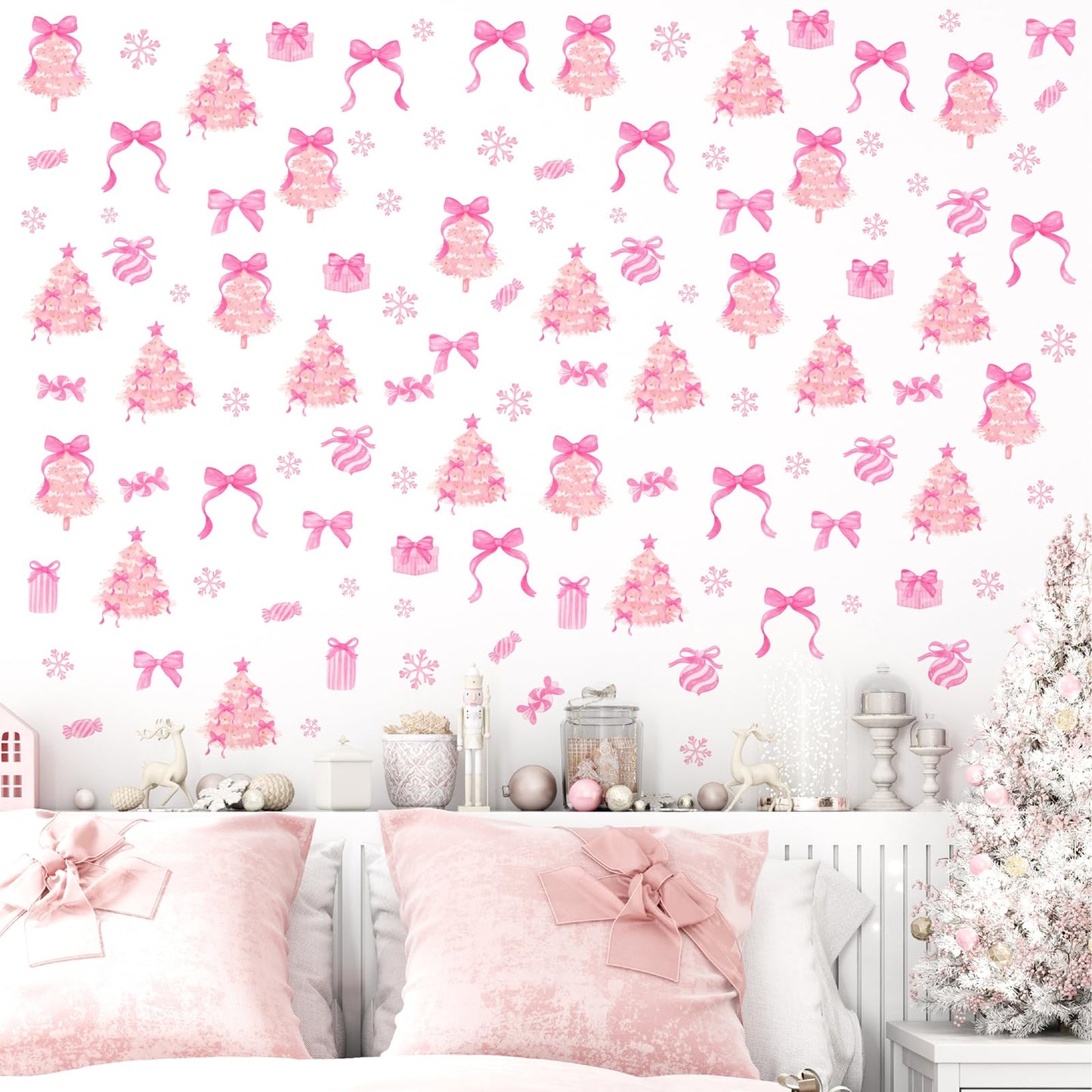 Pink Christmas Wall Stickers Xmas Tree Wall Decals Peel and Stick Bow Sticker for Walls Decoration Indoor Bowtie Decals for Crafts Snowflakes Coquette Art Murals for Girls Bedroom Living Room Decor