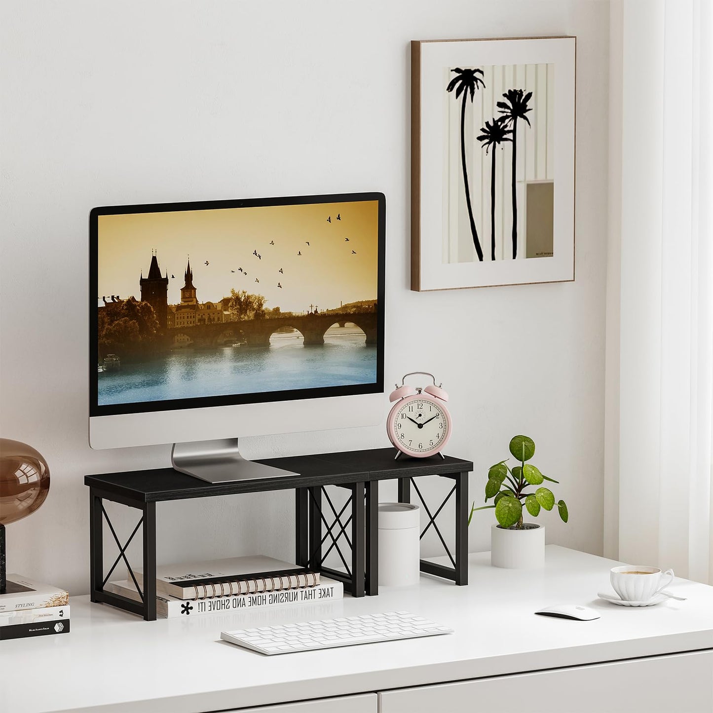 Honiter Desk Shelf Desktop Organizer 2 Tier Wood Small Bookshelf,Rustic Brown Freestanding Adjustable, Organizer, Stackable, Desk Stand, Storage Organizers, Kitchen Counter Display Rack