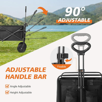 Sweetcrispy Collapsible Foldable Wagon Cart, Large Capacity Garden Beach Cart with All-Terrain Wheels, Heavy Duty Utility Grocery Wagon with Drink Holders for Shopping Sports Camping, Large Black