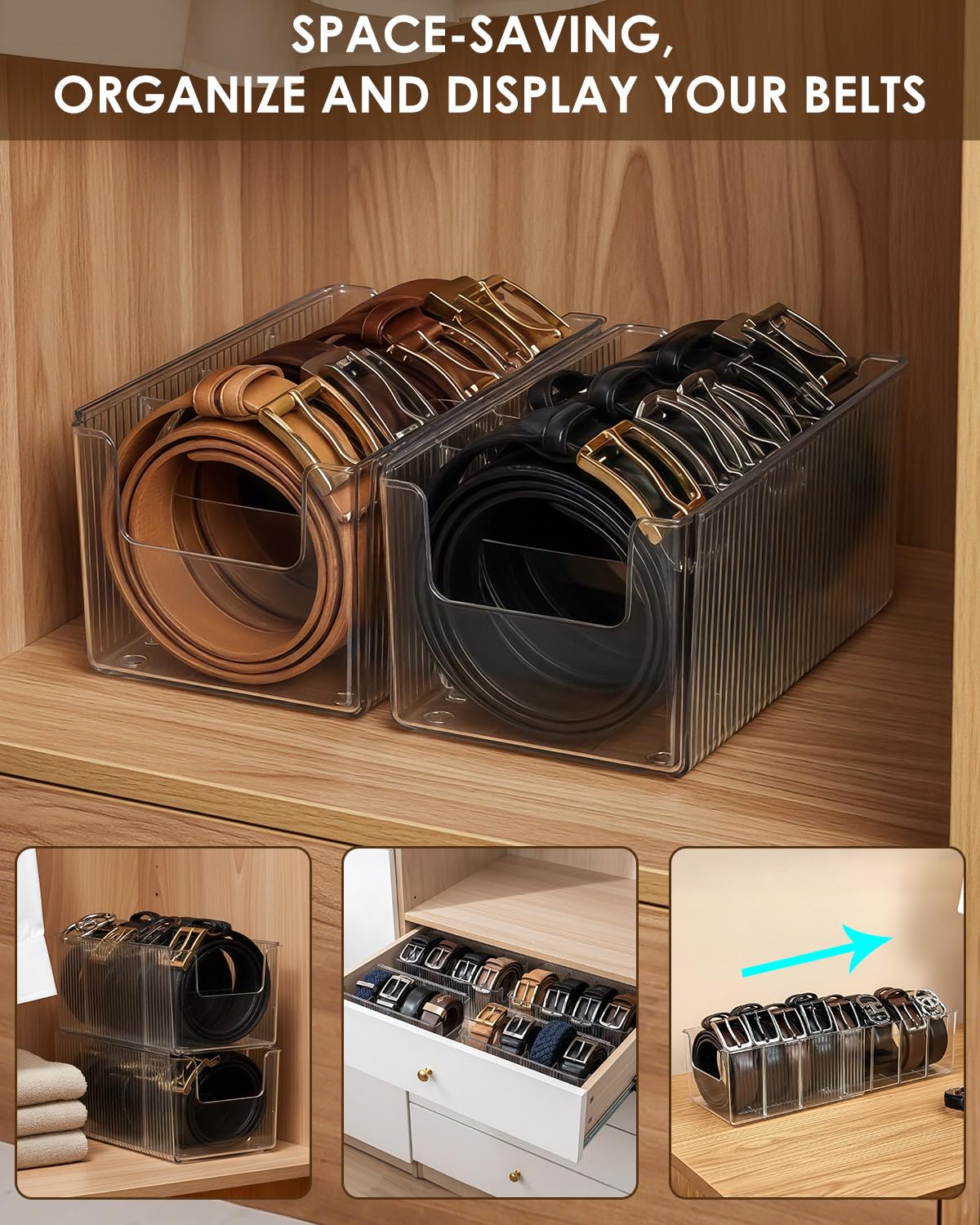 HAYVAN 2 Pack Acrylic Extendable Belt Organizer - Clear Belt Holder with Adjustable Dividers Fits Most Sizes, Storage Box for Ties, Bows, Masks, Jewelry (Space-Saving)