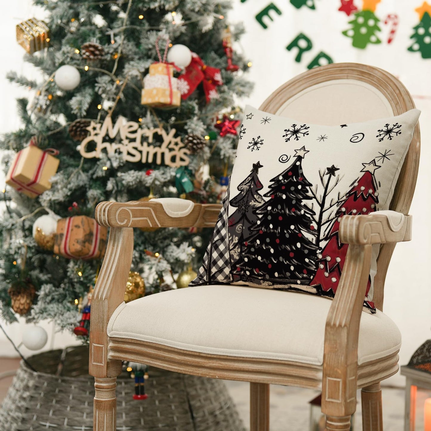 Merry Christmas Joy Xmas Trees Red Throw Pillow Covers, 16x16 Inch Christmas Winter Holiday Cushion Case Decoration for Sofa Couch Set of 4