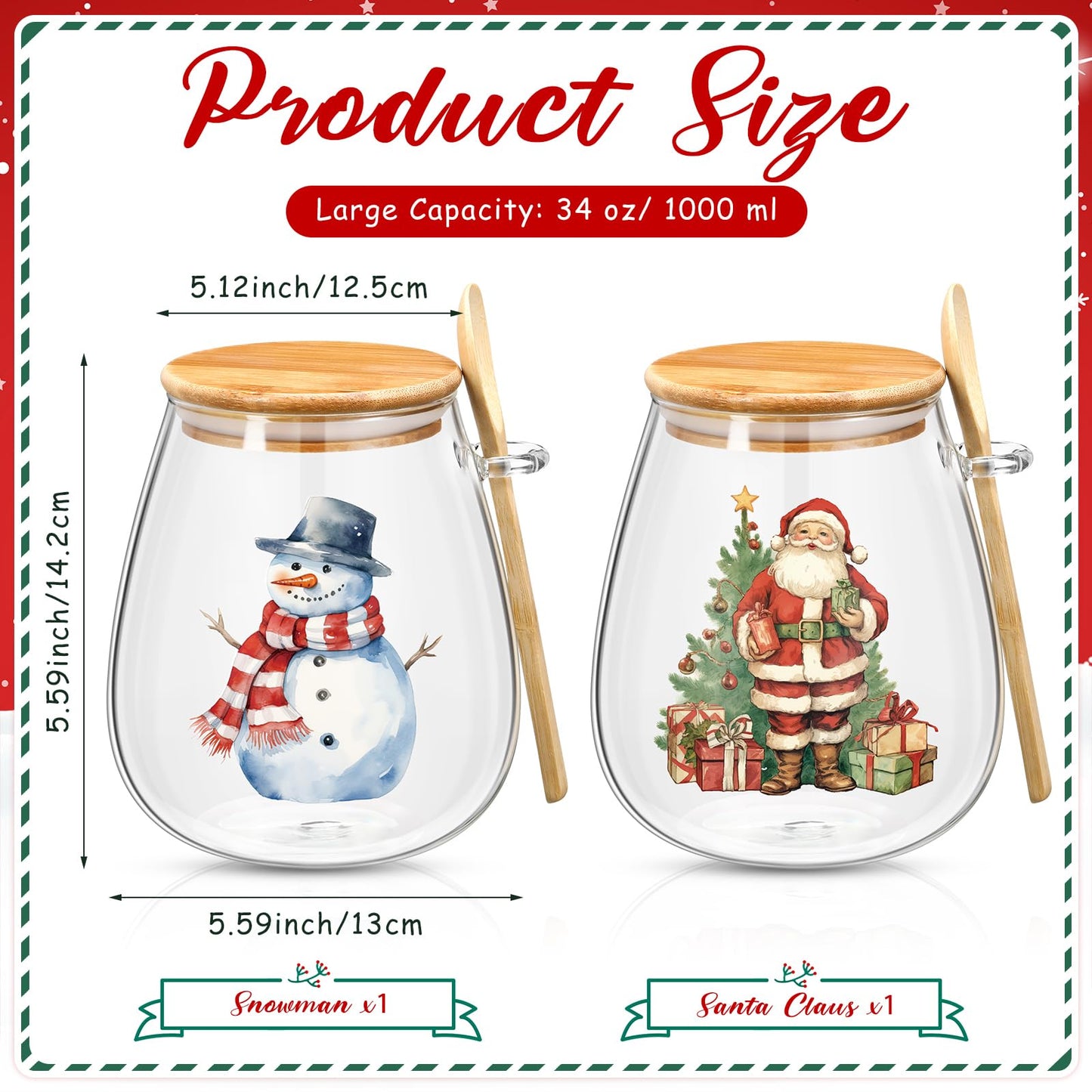 Pickmesh 2 Sets 34 oz Christmas Glass Storage Jars with Airtight Bamboo Lid and Spoon Christmas Decorative Container Xmas Canister for Kitchen Countertop Decoration Cookies Snacks Candy(Santa)