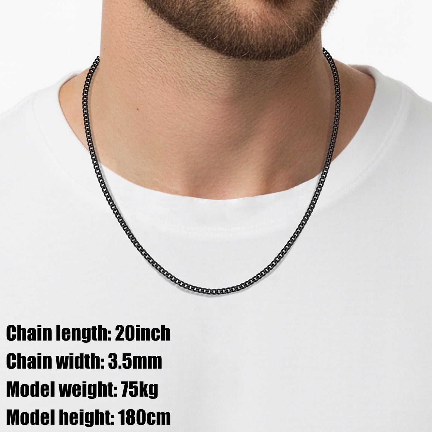 Fiusem 3.5mm Black Chain for Men, Black Cuban Link Chain Necklace for Men and Women, Stainless Steel Cuban Necklace 20 Inch