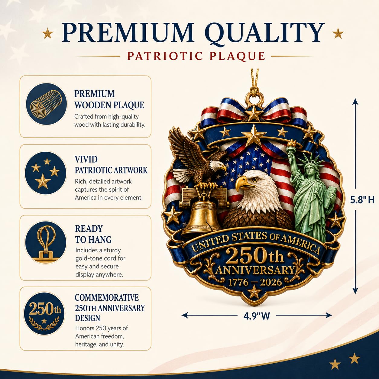 250th Anniversary USA Ornament 1776-2026, Patriotic Acrylic Hanging Ornament, United States 250th Anniversary Decoration with Eagle Liberty Bell Statue of Liberty