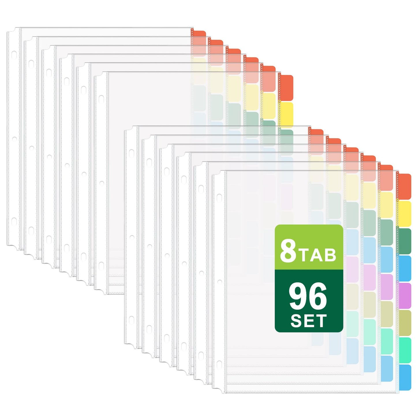 HABGP 96Pcs/12 Set Clear Binder Sheet Protectors - 8.5x11 Letter Size, 8 Tab Plastic Binder Dividers with Pockets and Tabs