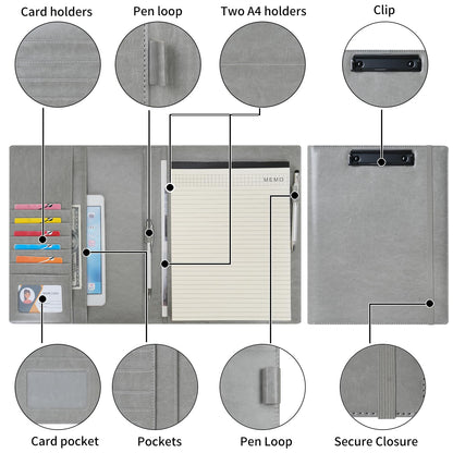Wonderpool A4 PU Leather Clipboard Partfolio Notepad Forms Holders Document Case - Interview Planner Meeting Writing Padfolio File for Office Travel School Hotel (Grey, A4)