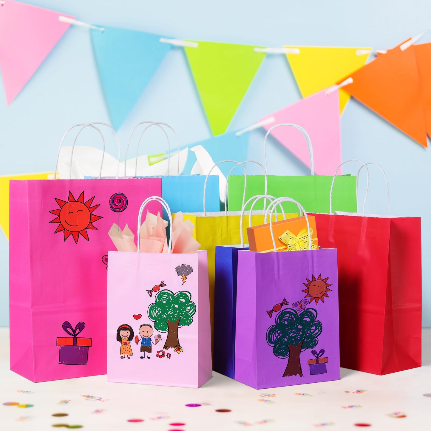 BLEWINDZ 32 Pcs Gift Bags with 32 Tissues, 8 Colors Party Bags with Handles, 13.2" Large Size Rainbow Goodie Bag for Wedding, Birthday, Party Supplies and Gifts