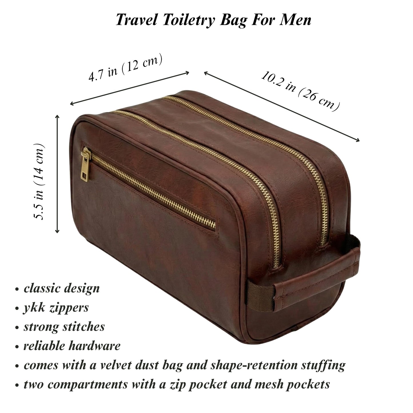 Toiletries bag for men, Premium PU Leather Dopp with Metal Zippers & Bottom Studs, Waterproof Grooming Kit for Men, Mens Birthday Gift, Includes Velvet Dust Bag & Shape-Retention Stuffing / DARK BROWN