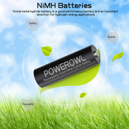 Rechargeable AA Batteries with Charger, POWEROWL 8 Pack of 2800mAh High Capacity Low Self Discharge Ni-MH Double A Batteries with Smart 8 Bay Battery Charger (USB Fast Charging, Independent Slot)