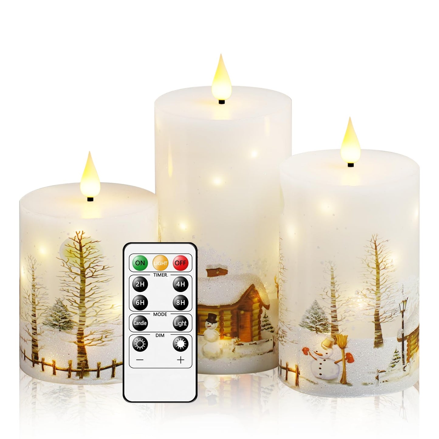 Christmas Flameless Candles with Remote - White LED Candles & String Lights, Battery Operated Set of 3 (D3 x H4/5"/6") for Window Decor, Christmas Decorations,Living Room Decoration