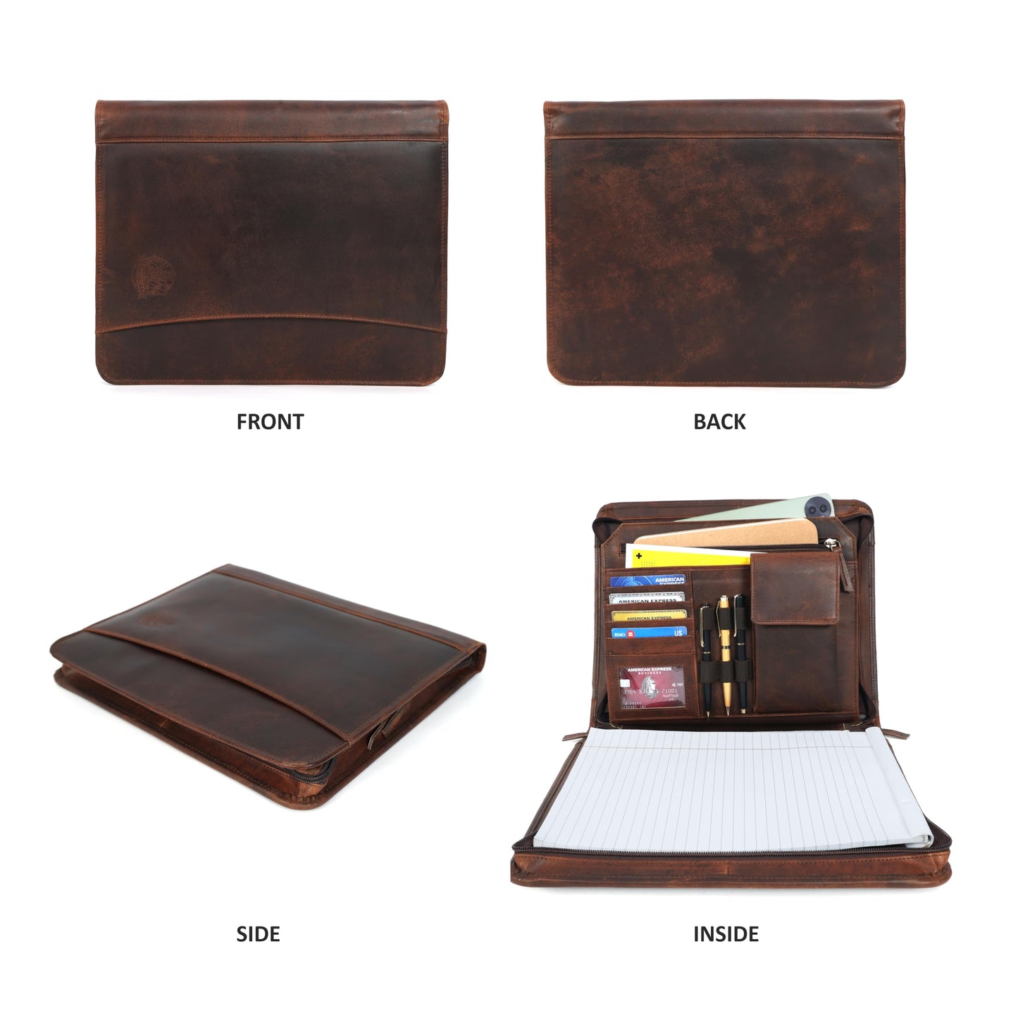 Leather Portfolio for Men, Portfolio Organizer with Zipper for Men Women, Leather Padfolios Business Resume Legal Pad Notebook Binder for A4/Pad (Brown)