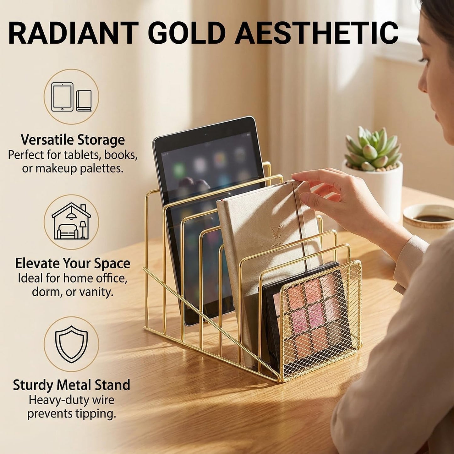 Simmer Stone Gold Desk Organizer 7 Slot Inclined Vertical File Folder Holder Sorter with Mesh Front Metal Wire Rack for Mail, Slim Binders, Books Office Organization Desktop Accessories
