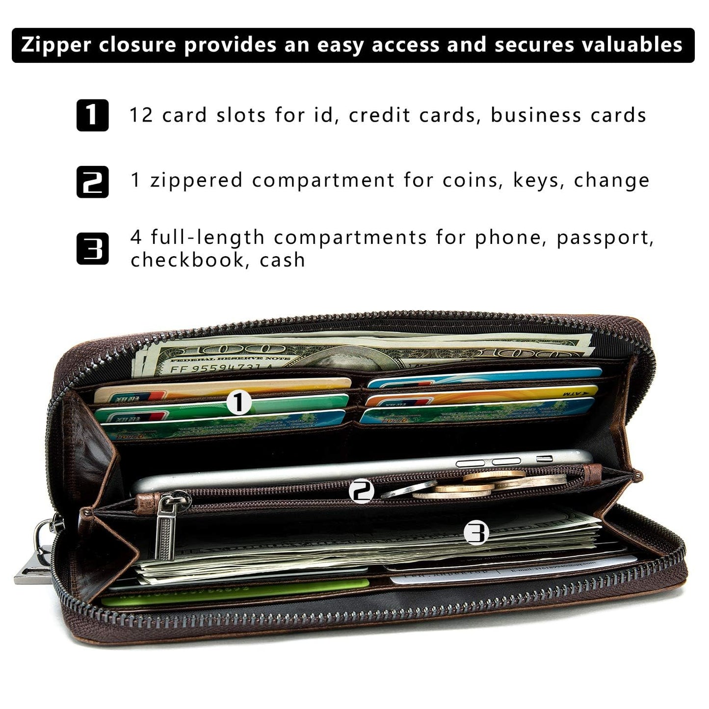 Glorixen Genuine Leather Clutch Bag for Men Handbag Multipurpose Wallet Fashion Card Holder Purse Fold Black (C-Brown)