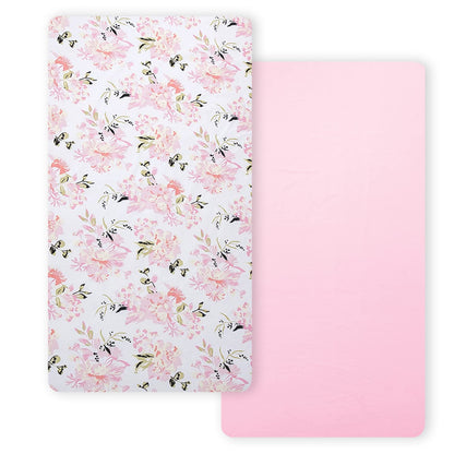 Little Grape Land Pack and Play Sheets Mini Crib Sheets Soft Breathable Pack N Play Sheets, Playard Fitted Sheet 2 Pack Stretchy Fits 38"x26" Playard Mattress, Pink Floral