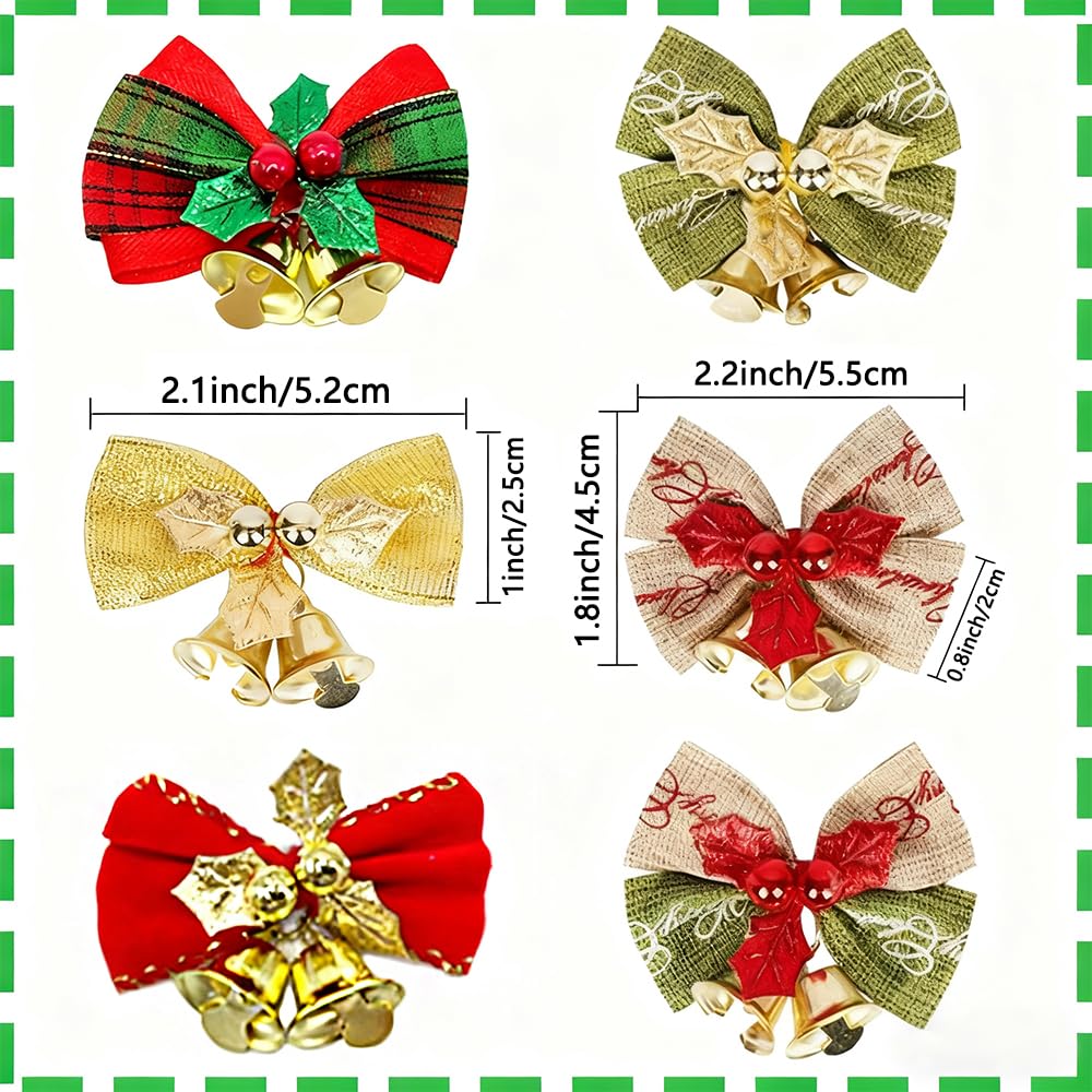 Yxtwaeh 48 Pcs Christmas Mini Bows with Bells 2 Inch Christmas Tree Ribbon Bows with Bell Hanging Decorations for Tree Wreaths Gift Wrapping, 6 Styles