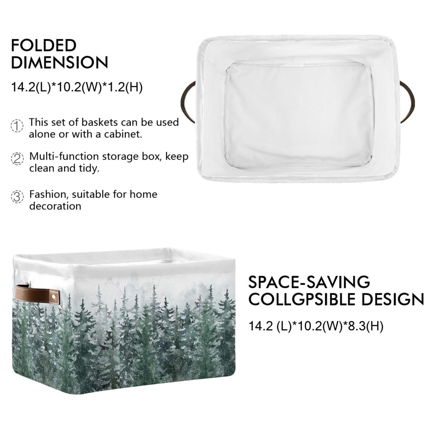 Winter Pine Forest Tree Storage Basket with Waterproof Liner and PU Handles Christmas Snow Scene Storage Bins Boxes 14.2" Collapsible Decorative Organizer Baskets for Bedroom Closet Office 1 Pack