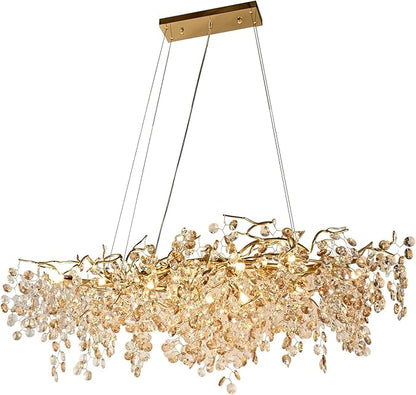 Modern Crystal Tree Branches Chandeliers Gold Luxury Round Raindrop Pendant Light Fixture 12 Light Ceiling Hanging Light for Dining Room Bedroom Living Room Entryway
