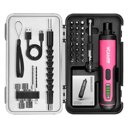 VCANENERGY 4V Pink Electric Screwdriver,2000mAh USB Rechargeable Battery,Cordless Power Screwdriver with LED Light,Adjustable Torque,38 in 1,Suitable for small projects
