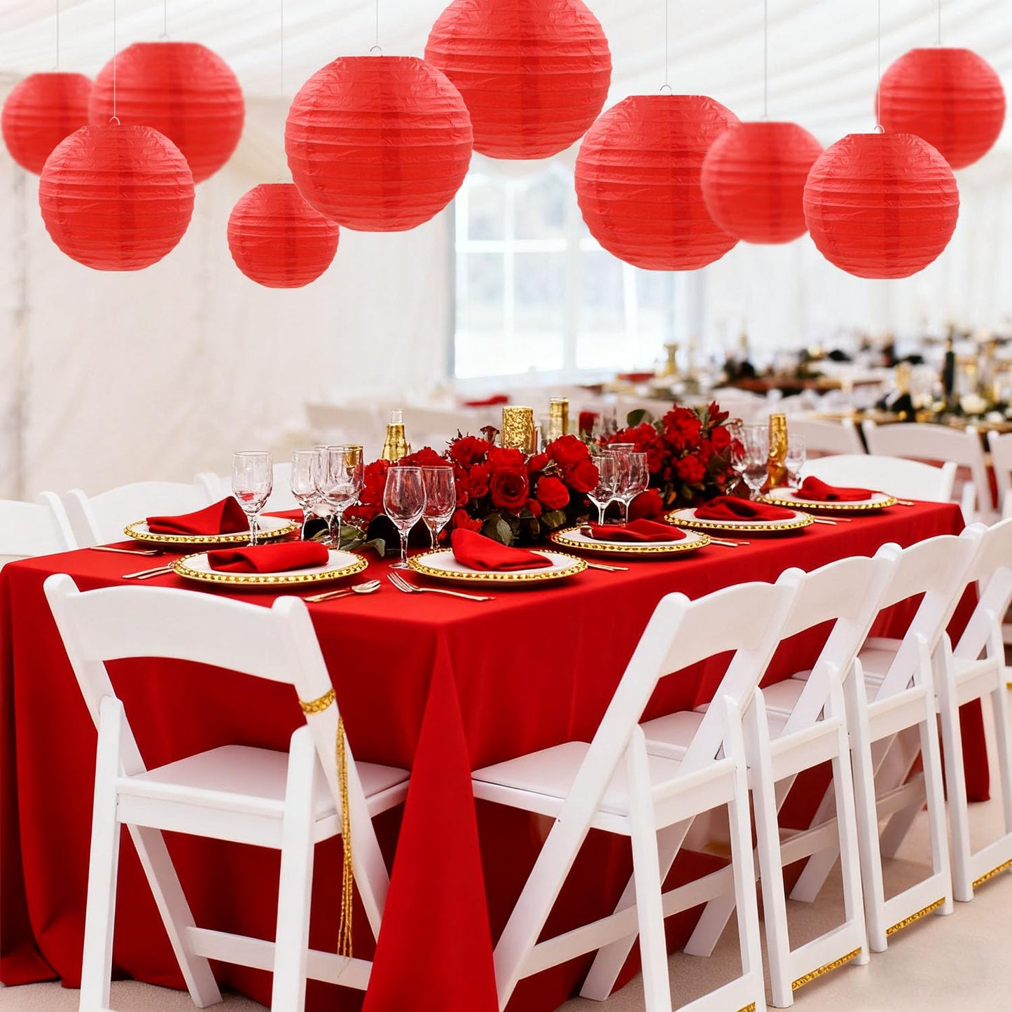 12 Pcs Red Paper Lanterns Round Hanging Party Decorations for Wedding Anniversary Birthday Christmas New Year Party Supplies