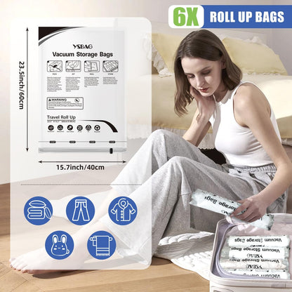 Seal Bags for Clothing- Roll Up Compression Storage Bags, Space Saver Shrink Organisers for Travel Luggage Clothes Blankets Comforters (6 Small)