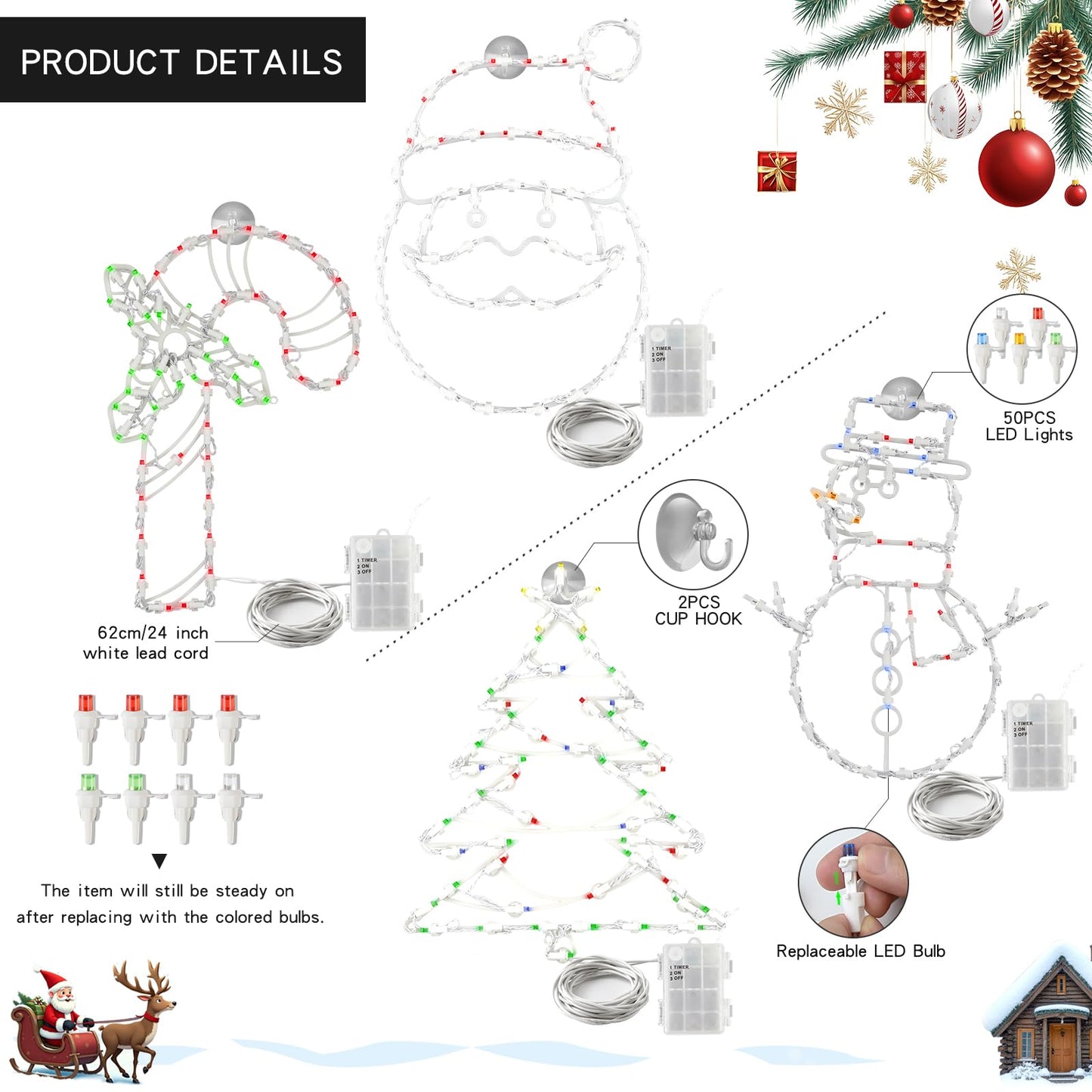 4 Pack Christmas Window Silhouette LED Lights Decorations, Santa Claus, Xmas Trees, Candy Cane, Snow Man Christmas Window Light Decorations with 50 Bulbs for Holiday Wall Door Glass Decorations