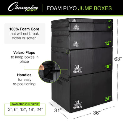 Champion Sports Foam Plyometric Box Set with 6", 12", and 18" Included - Durable Jump Boxes for Training with Handles, Hook and Loop Flaps - Stackable Cross Traning Plyo Box, Jumps for Gym